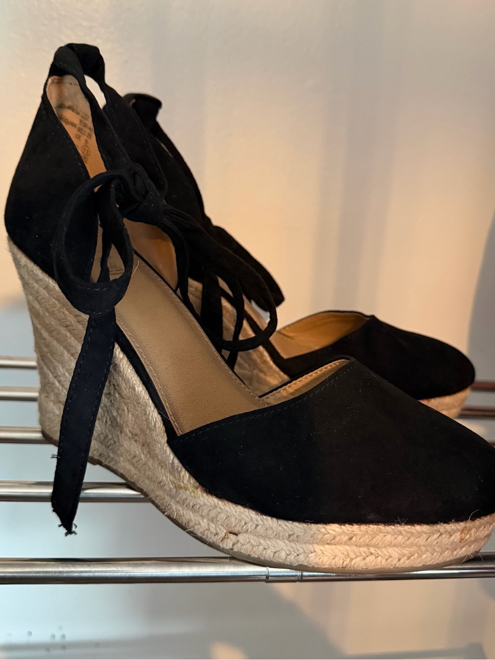 Brash Black Suede Espadrille Wedges with Ankle Tie